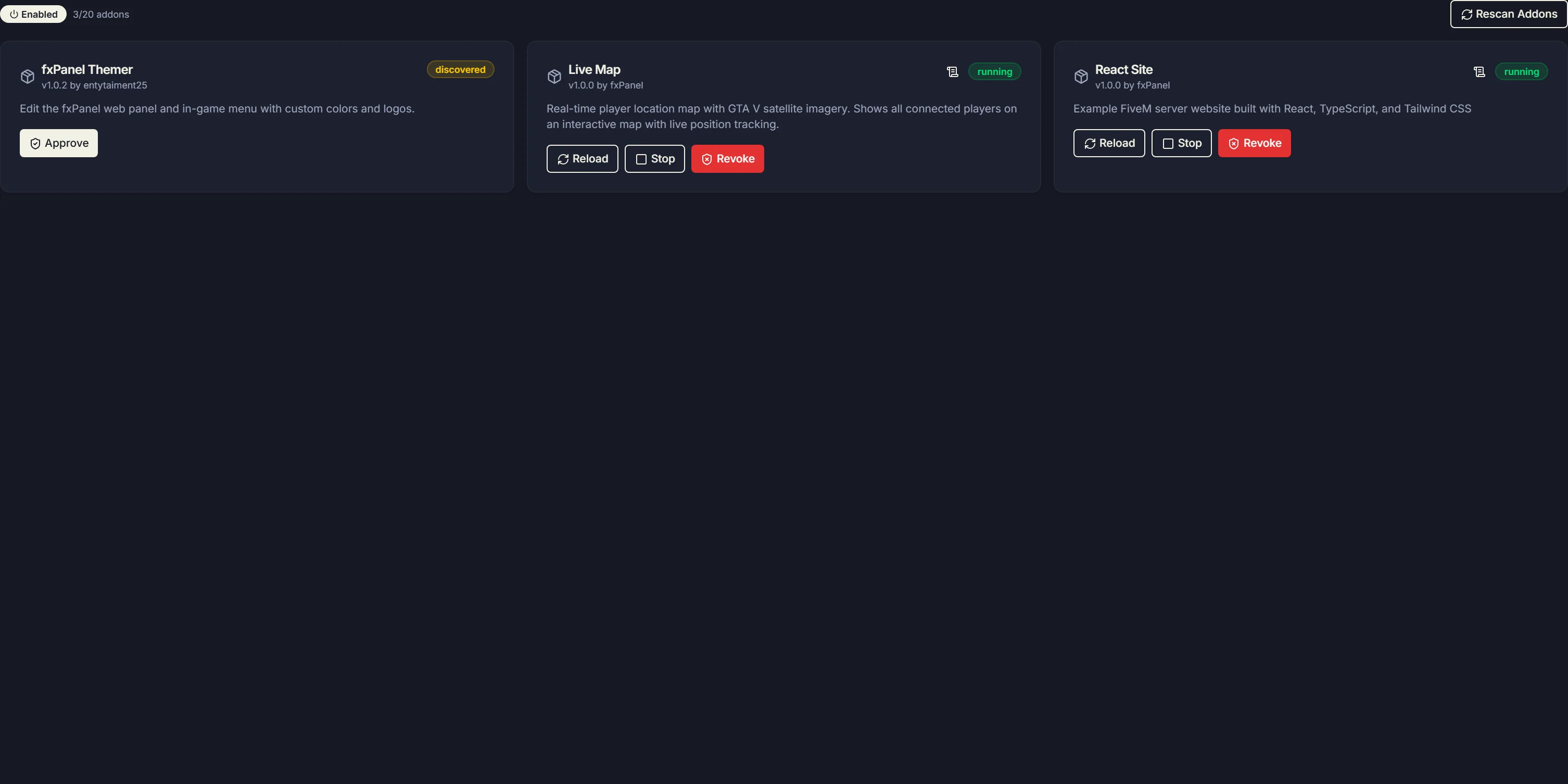 Addons settings tab — installed addons with reload, stop, and revoke controls