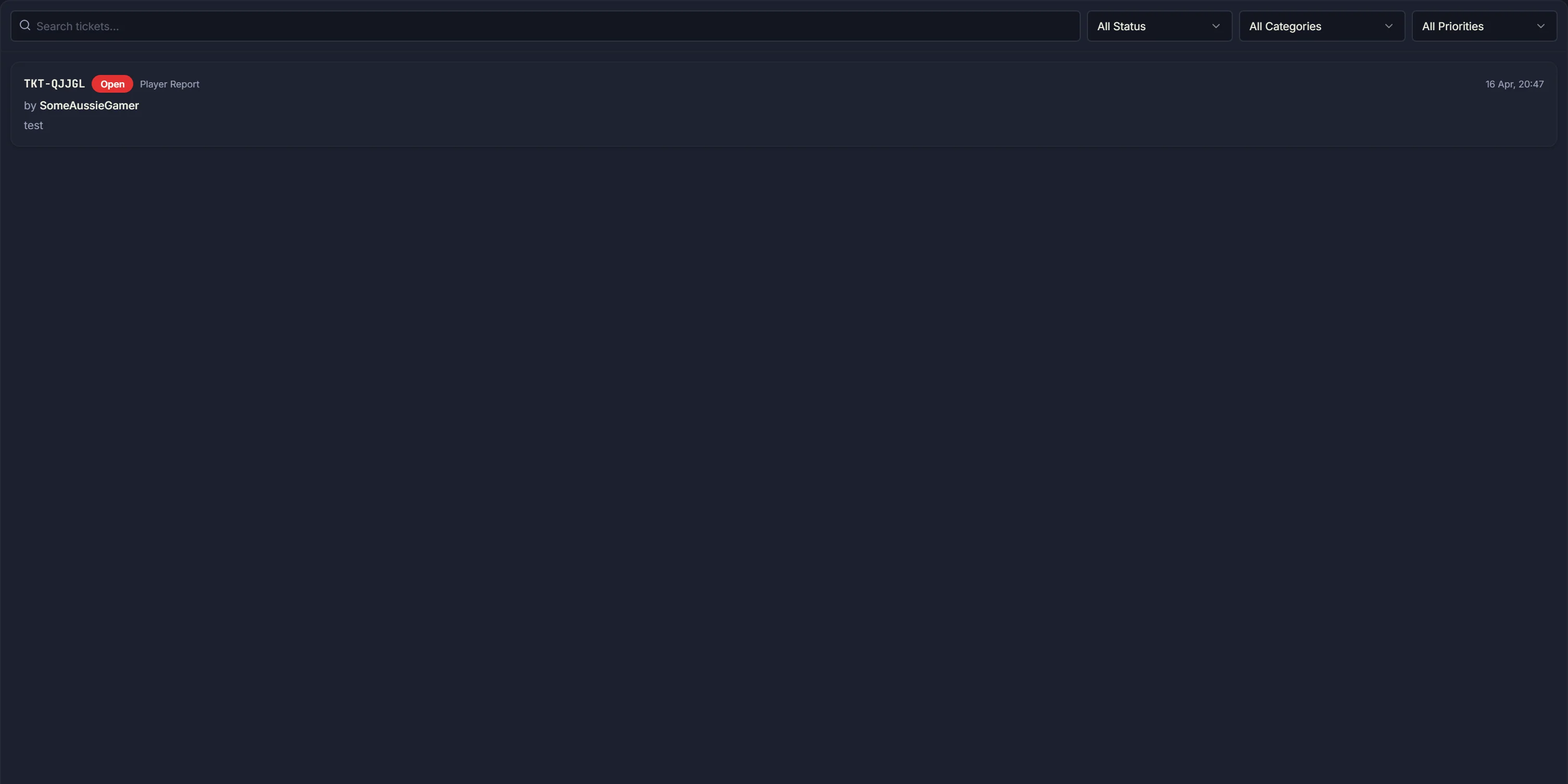 Reports page in the panel — list of player reports with status, reporter, target, category, and the detail view open on one report showing context + moderation actions.